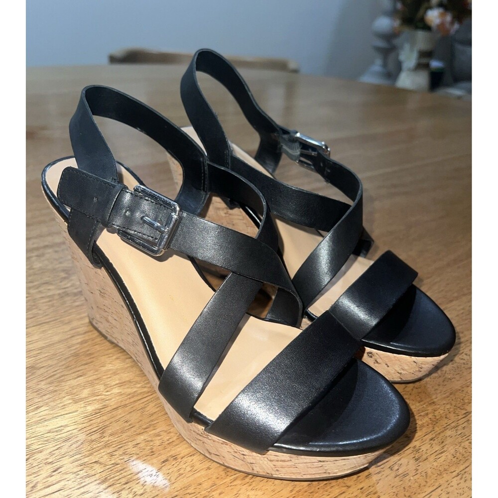 Franco Sarto Women's STALLION WEDGE SANDALS Black Leather Size 8M EUC